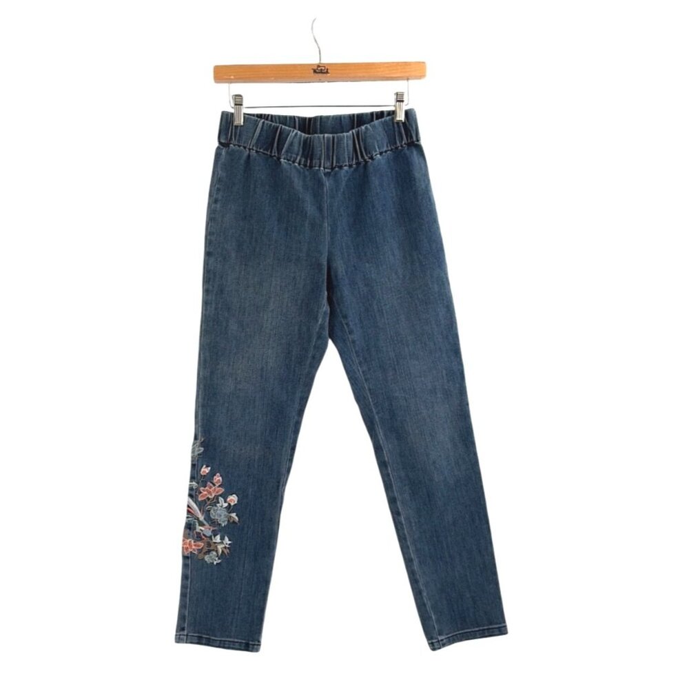Soft Surroundings Metro Floral Embroidered Denim Jeggings Pull On Size PS Boho
